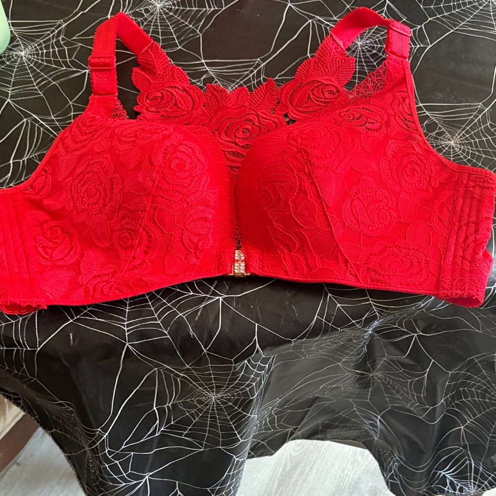 Vibrant Red Lace Bra with Floral Design
